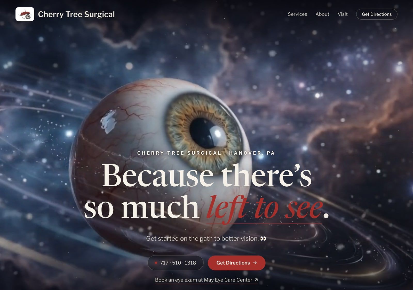 The rebuilt Cherry Tree Surgical site: an eye photographed against a starfield, headed “Because there’s so much left to see.”, with the phone number and directions.