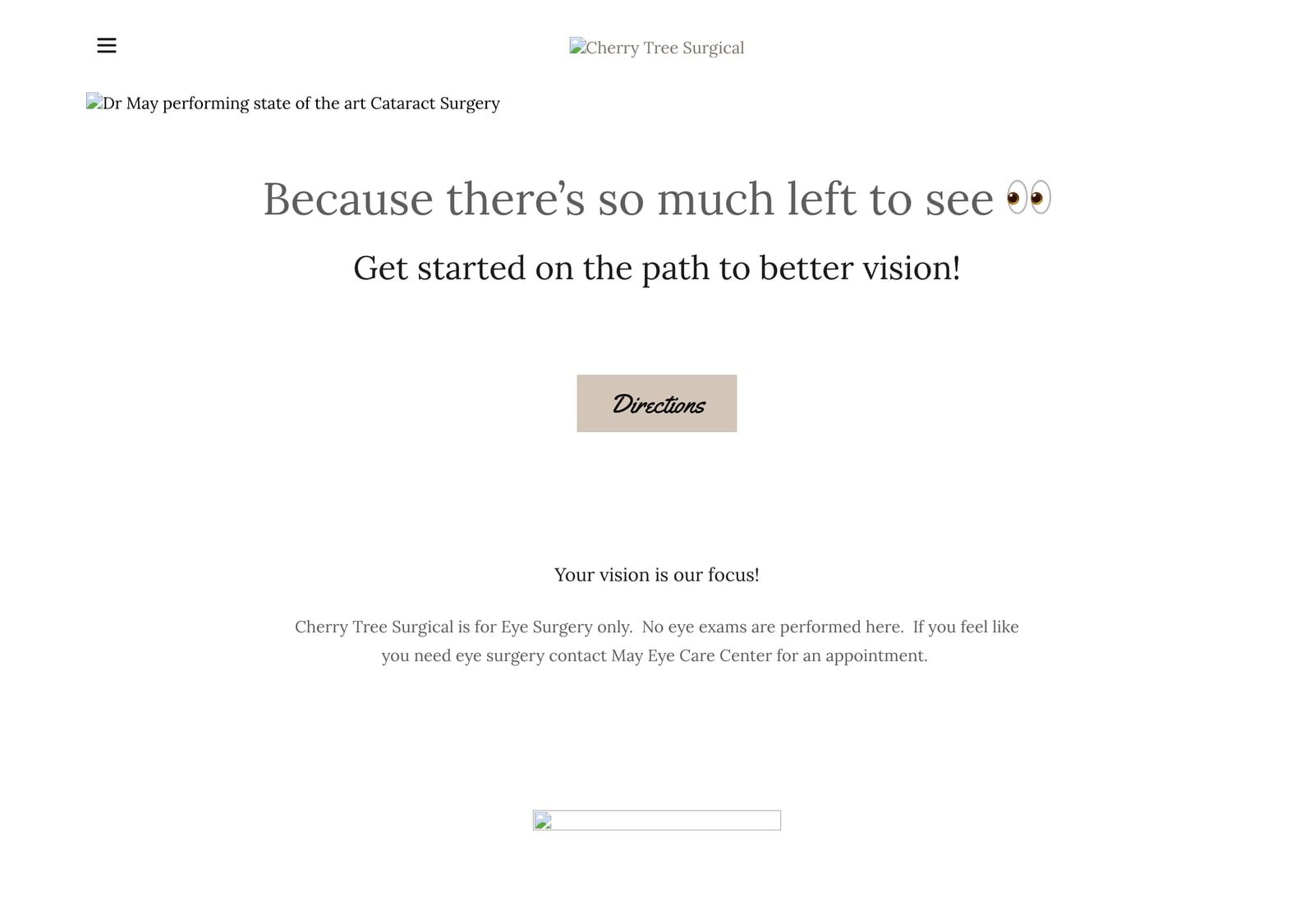 The old Cherry Tree Surgical site: a headline and a Directions button on a bare white page, with the images failing to load.