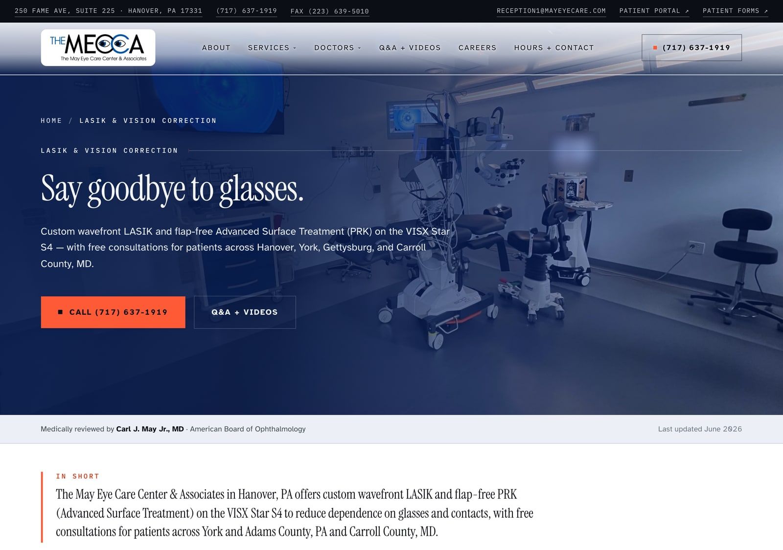 The same subject on the rebuilt site: one dark page headed “Say goodbye to glasses.”, with the phone number and a Q&A link in reach.