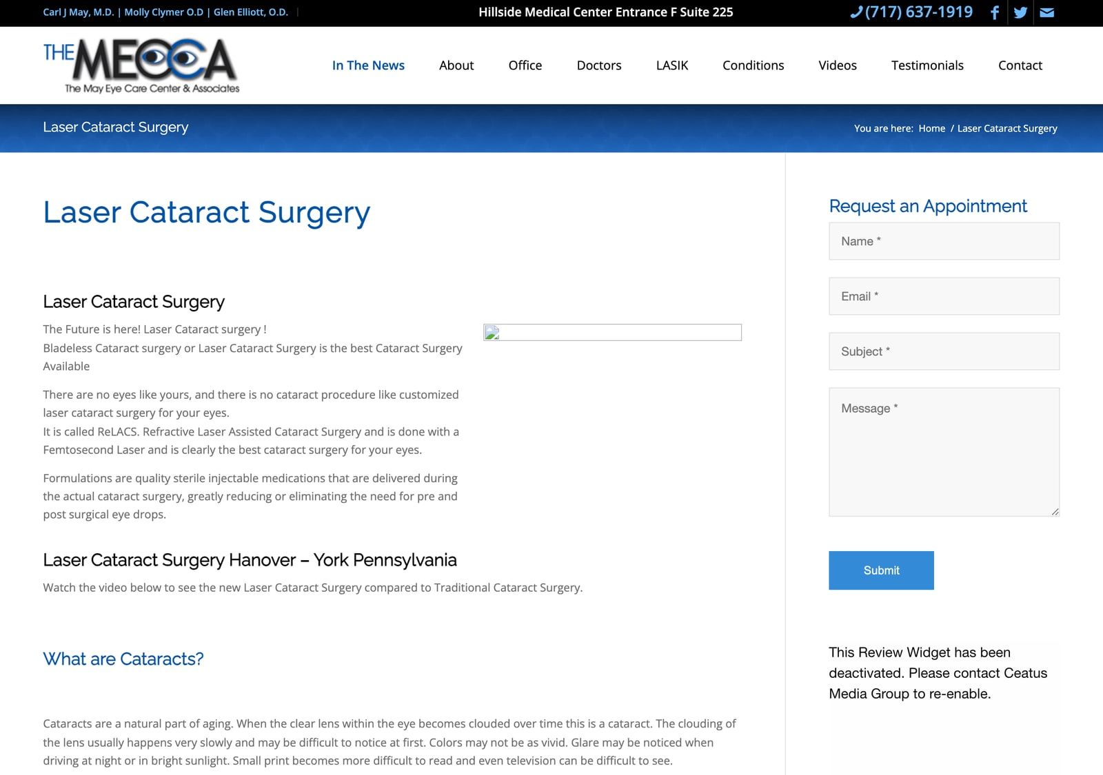 The old May Eye Care Center site: a cataract surgery page of small blue text in a narrow column, beside a five-field appointment form.